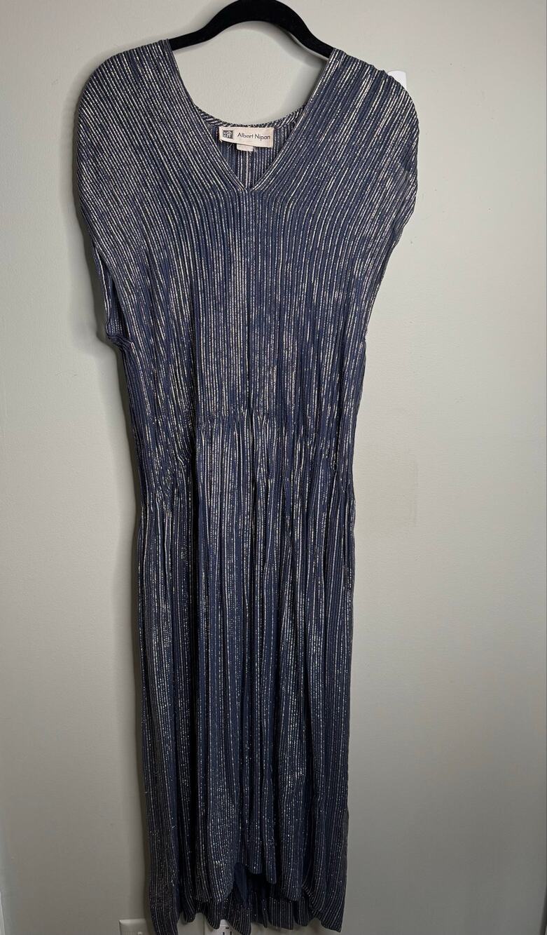 Albert Nipon Vintage 1970’s V Neck Navy Metallic Woven Pleated Maxi Dress - 6